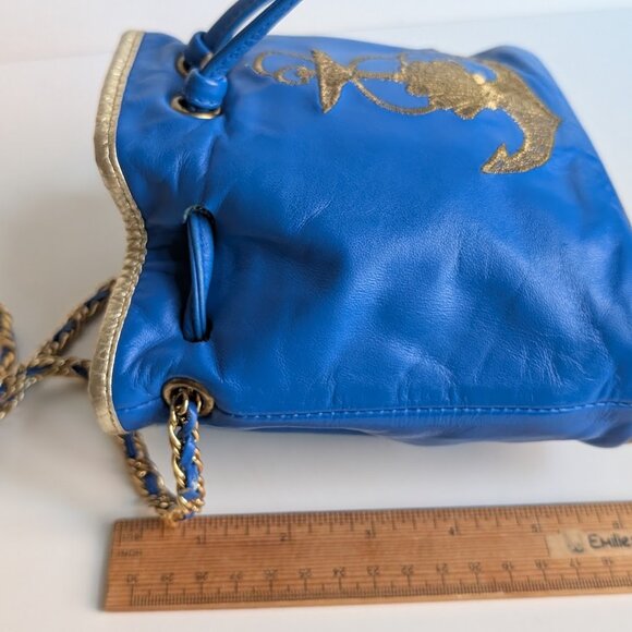 Vtg L.J. Simone New York Blue Leather Mini Drawstring Bucket Bag Crossbody Bag - Picture 15 of 16